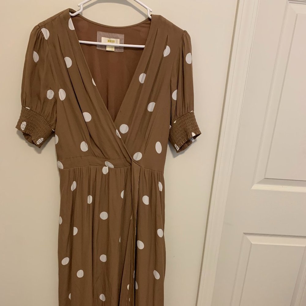 Maeve (Anthropologie) Brown and White Polka Dot Wrap Dress, Size 8 - Picture 2 of 3